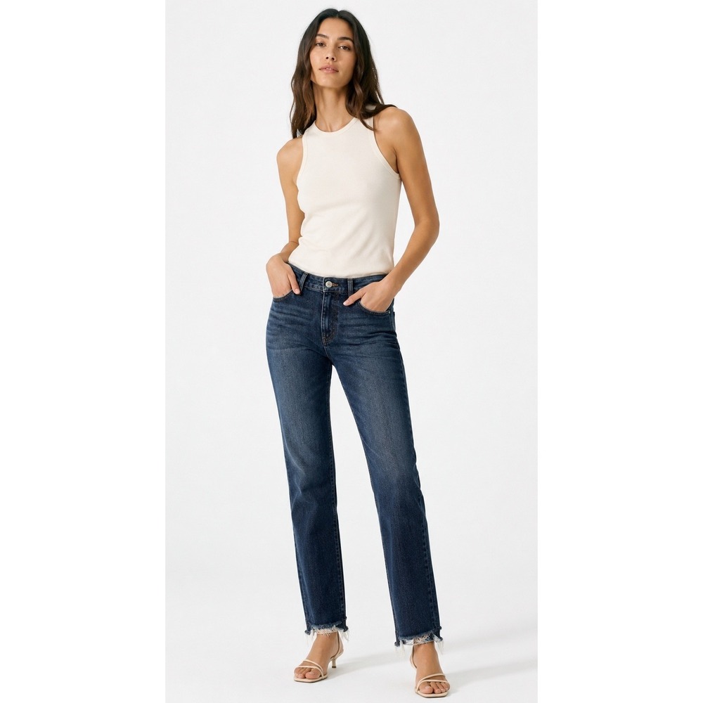 Judy Blue Straight Fit Jeans Women 5/27 Dark Wash Stretch Raw Hem 31 Inseam